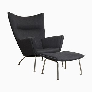Wingchair with Ottoman in Grey Fabric by Hans Wegner for Carl Hansen & Søn, Set of 2
