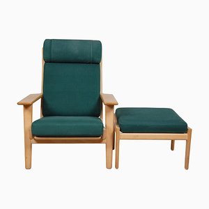 GE-290A Lounge Chair with Ottoman in Green Fabric by Hans Wegner for Getama, 1990s, Set of 2