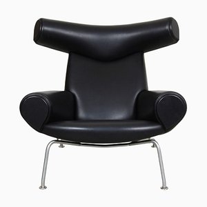Black Aniline Leather Ox Chair Patinated Armchair by Hans J. Wegner, 1960s