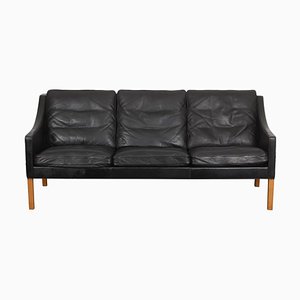 Three Seater 2209 Sofa in Patinated Black Leather by Børge Mogensen for Fredericia