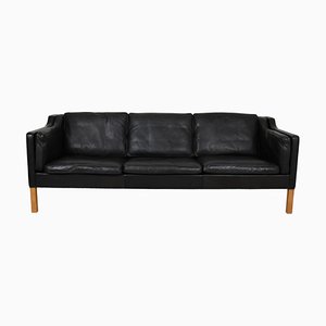 Three Seater 2213 Sofa in Black Leather with Patina by Børge Mogensen for Fredericia