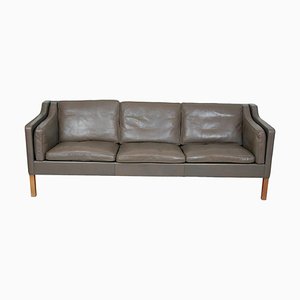 Three Seater 2213 Sofa in Original Gray Leather with Teak Legs by Børge Mogensen for Fredericia