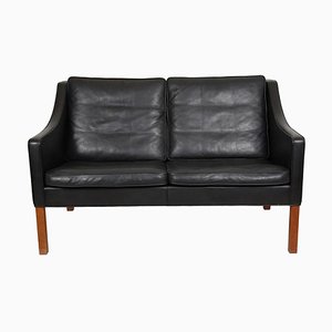 Two Person 2208 Sofa in Patinated Black Leather by Børge Mogensen for Fredericia, 1980s