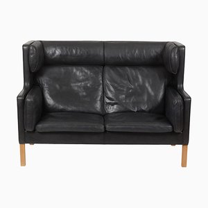 2-Seater Sofa with Original Patinated Black Leather and Oak Wood Legs by Børge Mogensen for Fredericia