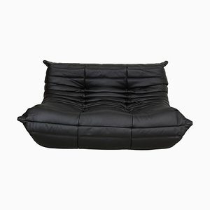 Togo 2-Seater Sofa in Black Leather by Michel Ducaroy for Ligne Roset, 1970s