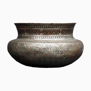Large Antique Engraved Islamic Tinned Copper Bowl, 1890s