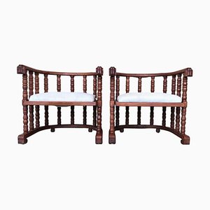 Spanish Hand Carved Chairs with Slatted Barrel Back, 1920, Set of 2