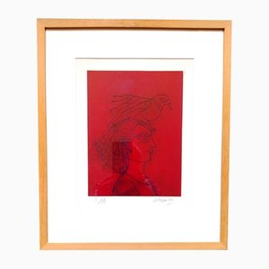 Corneille, Mujer con pájaro, 1980, Litografía, Enmarcado