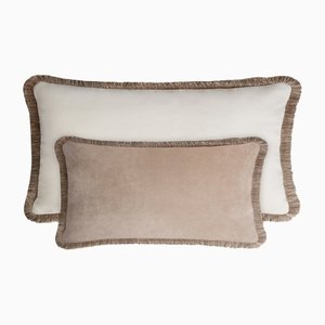Couple Happy Pillow in Beige and White Velvet with Fringes from Lo Decor, Set of 2