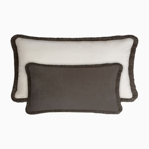 Couple Happy Pillow in Carbon and White Velvet with Fringes from Lo Decor, Set of 2