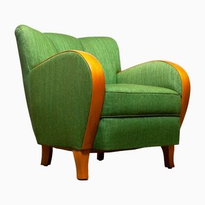 Club chair in lana verde e olmo nello stile di Fritz Hansen, anni '40