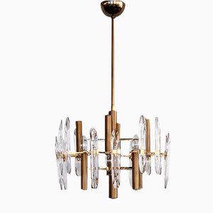 Large Mid-Century Italian Brass and Crystal Glass Chandelier attributed to Gaetano Sciolari, 1970s
