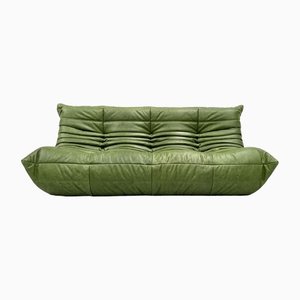Vintage French Green Leather Togo Sofa by Michel Ducaroy for Ligne Roset