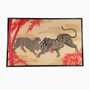 Large Silk Wall Tapestry Depicting a Tiger and a Cheetah by Fabbriciani e Calandra, Italy, 1970s