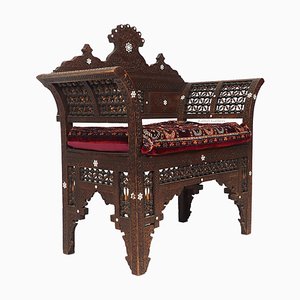 Antique Islamic Carved Walnut Bench, Damascus, Syria, 1890s