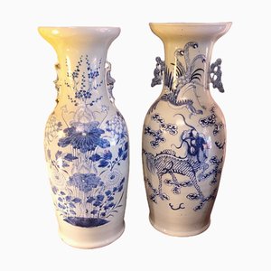 Antique Chinese Glazed Porcelain Vases with Dragon and Chrysanthemen Flowers, China, 1900s, Set of 2
