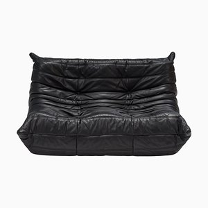 Black Leather Togo Two-Seater Sofa attributed to Michel Ducaroy for Ligne Roset, 1980s