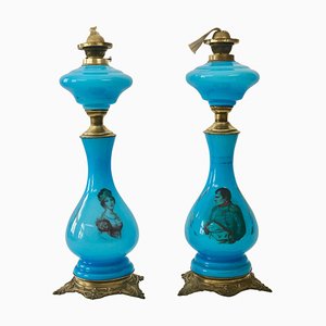 Antike Öl-Tischlampen aus Opalglas mit Darstellung von Napoleon und Josephine, 1890er, 2er Set