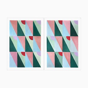 Natalia Roman, Díptico de cuadrícula combinada de azulejos rosas y verdes, 2022, Pintura sobre papel