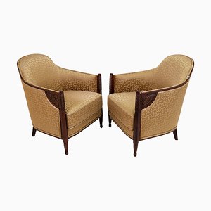 Art Deco French Mahogany Club Chairs with Golden Fabric, 1920s, Set of 2