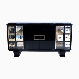Art Deco French Black Lacquer Sideboard with Mirrored Compartments, 1930s