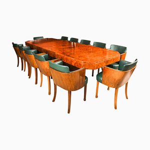Antique Art Deco Burr Walnut Dining Table and Chairs by Hille, 1920s, Set of 13