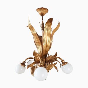 Hollywood Regency Pendant LIght with Leaves and Opaline Glass Spheres, 1970s