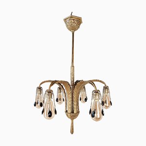 Mid-Century Brass Chandelier with Feather Shaped Arms and Black Pearls, 1960s
