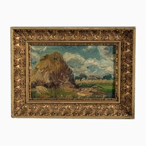 Französische Schule, Impressionistische Landschaft mit Heuhaufen, Öl auf Holz, 19. Jh., Gerahmt