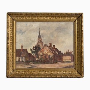 Impressionist Artist, French Village Street, Oil on Canvas, Late 19th Century, Framed