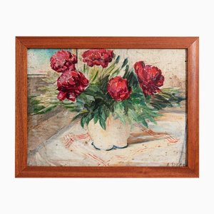 French School Artist, Red Peonies, Oil on Panel, Mid-20th Century, Framed