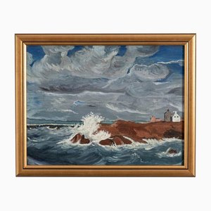 French School, Seascape with Houses, 1950s, Oil on Panel, Framed