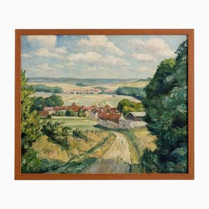French School, Country Road with Village, 1950s, Oil on Panel, Framed