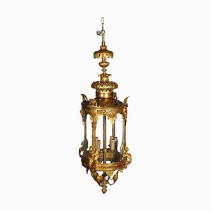 French Fire Bronze & Brass Lantern Hanging Light
