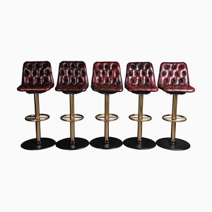 20th Century English Chesterfield Bar Stools in Red Leather, Set of 5