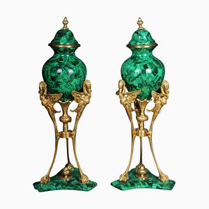 Table Vases in Malachite & Brass, Set of 2