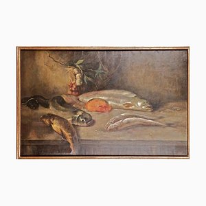 Artista historicista, Composición con peces, siglo XIX, pintura al óleo, enmarcado
