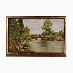 Landscape with Children Playing, 19th Century, Oil on Wood, Framed