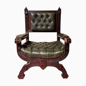 Historicism Manorial Green Armchair in Oak