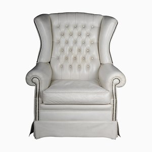 Vintage White Leather Chesterfield Armchair
