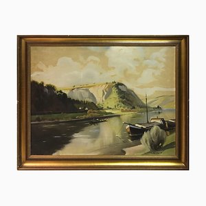 Barco sobre el agua con la montaña, 1900, óleo sobre lienzo, enmarcado
