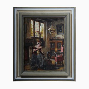 Lady at the Spinning Wheel, 20th Century, Oil on Canvas, Framed