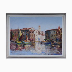 Porto di pescatori di St. Tropez, XX secolo, olio su tela, con cornice