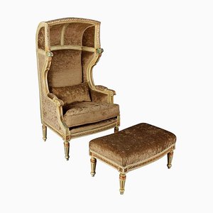 Louis XVI Style Carved Beechwood Armchair with Stool, Set of 2