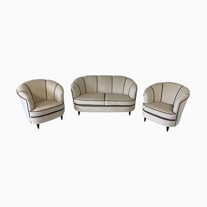 Art Deco Italian Beige and Brown Velvet Armchairs and Sofa, 1940s, Set of 3