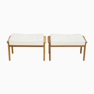 Set of Teak and White Leather Upholstered Ottomans, 1960s