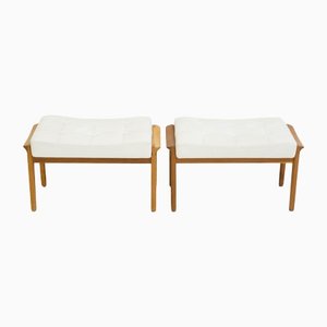 Teak and White Leather Upholstered Ottomans, 1960s, Set of 2