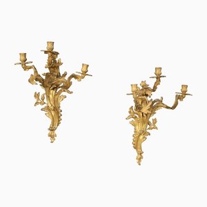 Lámparas de pared francesas Luis XV de bronce dorado, años 50. Juego de 2