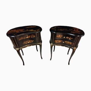 Asian Kidney-Shaped Lacquered Wood Bedside Tables, Set of 2