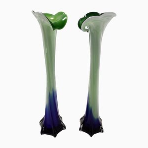 Vases Vintage en Verre Murano Vert et Bleu, Italie, 1960s, Set de 2